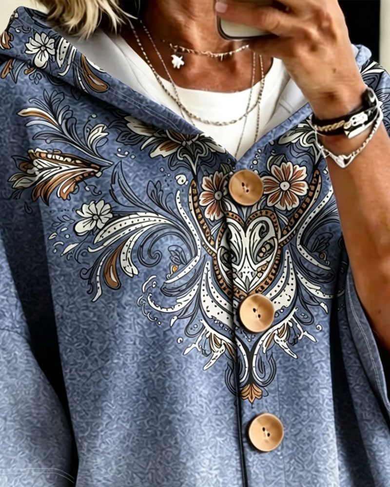 Cape Style Hooded Print Coat
