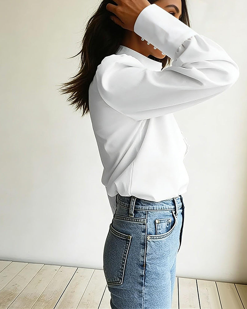 Stand Collar Button-Up Long-Sleeve Blouse