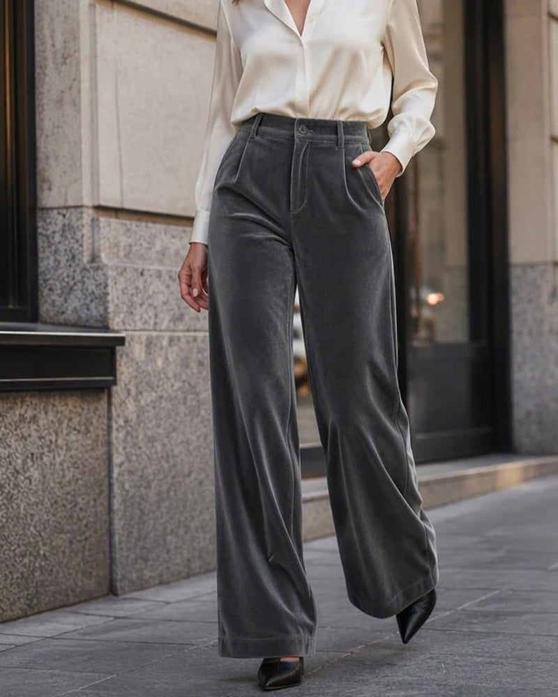 Solid Color Velvet Pocket Long Pants
