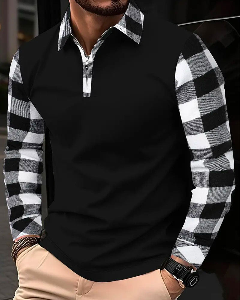 Half-Zip Plaid Spliced Top