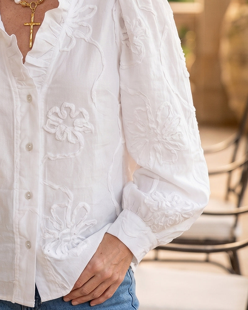 3D Solid Floral Ruffle Blouse