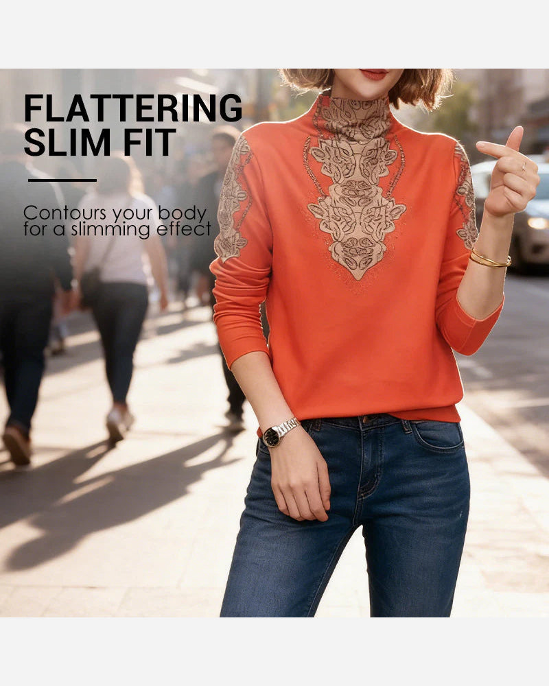 Elegant Printed Fitted Women's Stand Collar Top