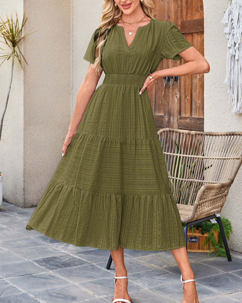 V-Neck Shirred Puff Sleeve Short Sleeve Dress