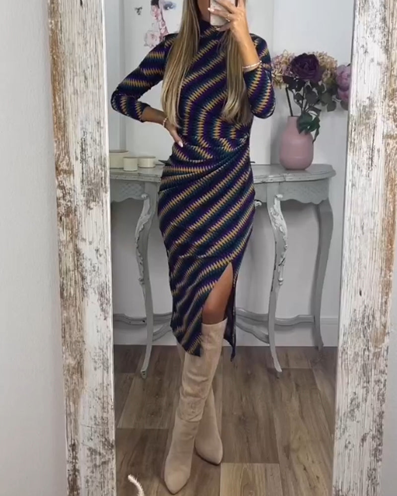 Fashionable Striped High Neck Dress