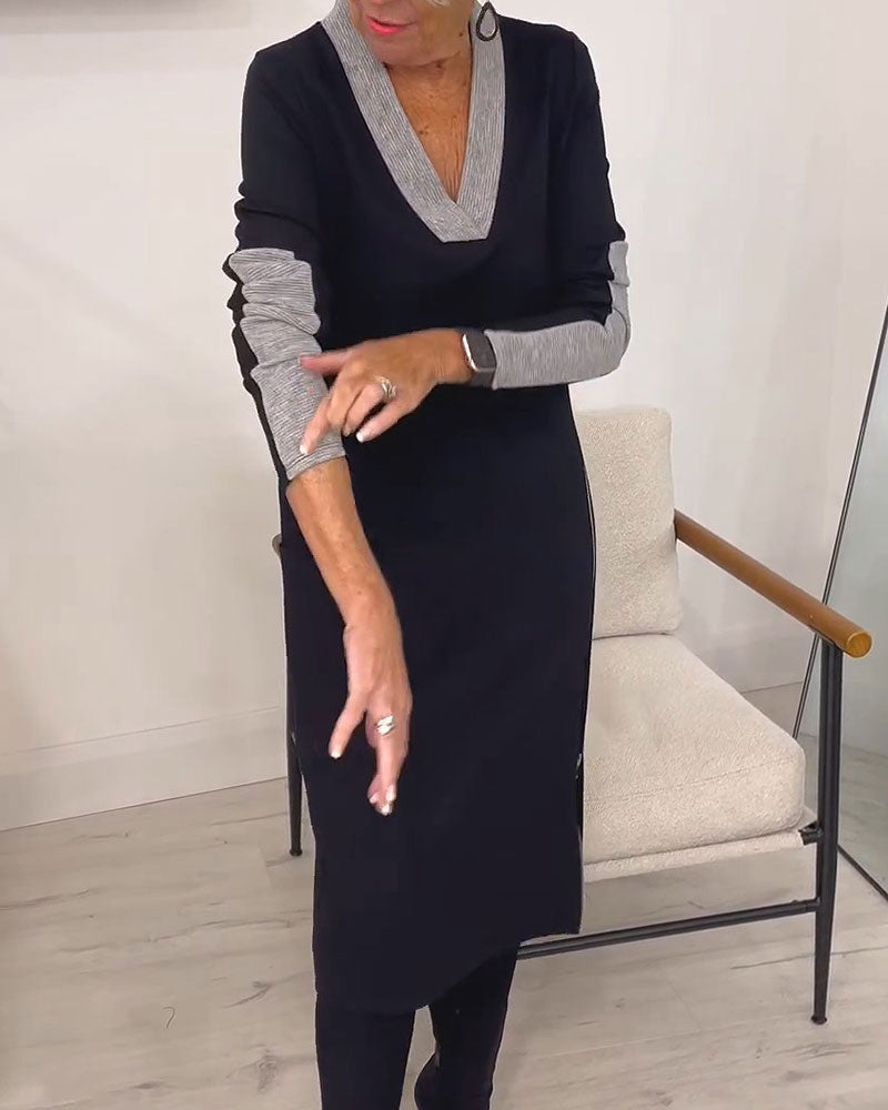 Color Block V-Neck Knit Midi Dress