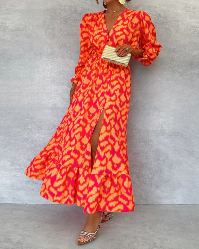 Stylish printed collar button slit puff sleeve dress