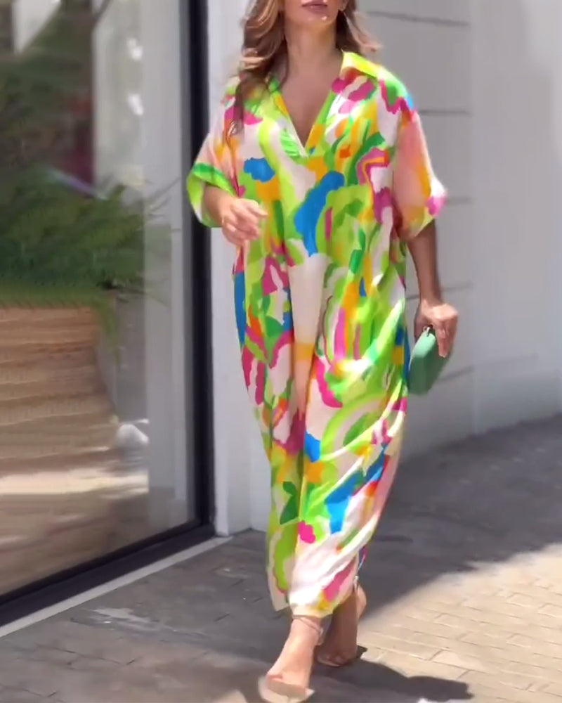 Printed lapel half sleeve casual dress