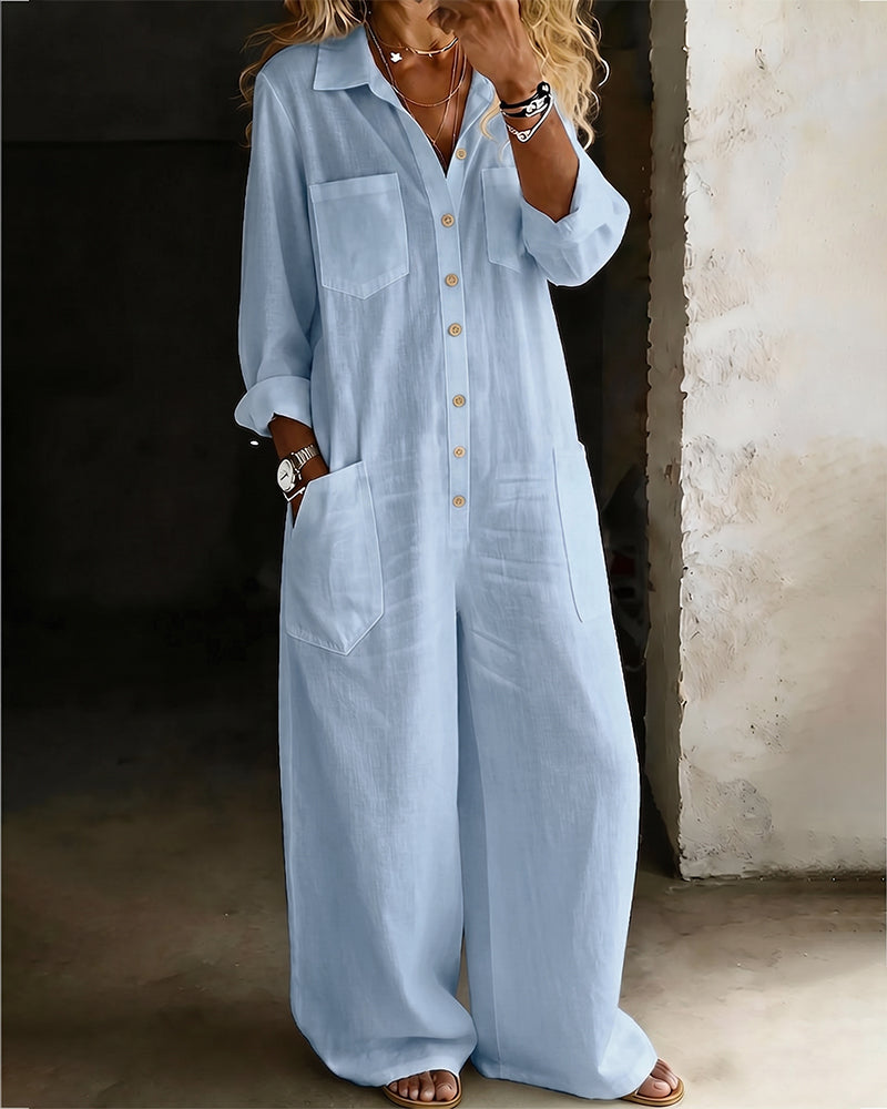 100% Cotton Lapel Collar Casual Wide Leg Jumpsuit