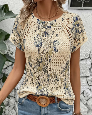 Short-Sleeve Openwork Print Pullover