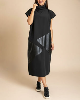 High Collar Pu Patchwork Short Sleeve Dress