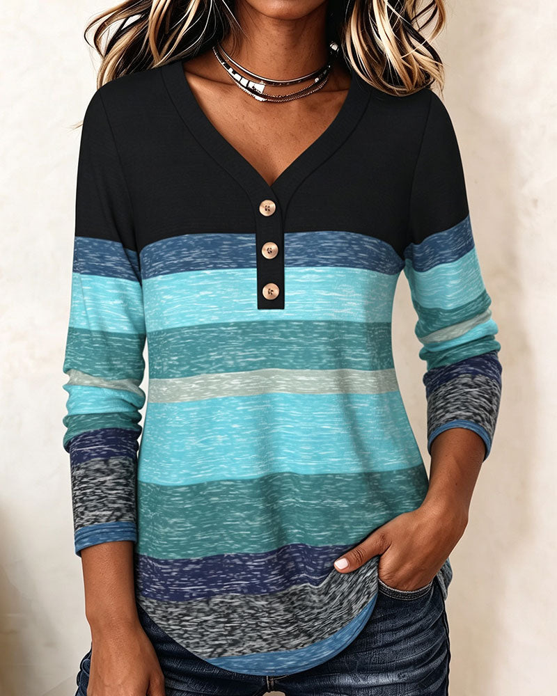 V-Neck Button-Down Striped Contrast Top