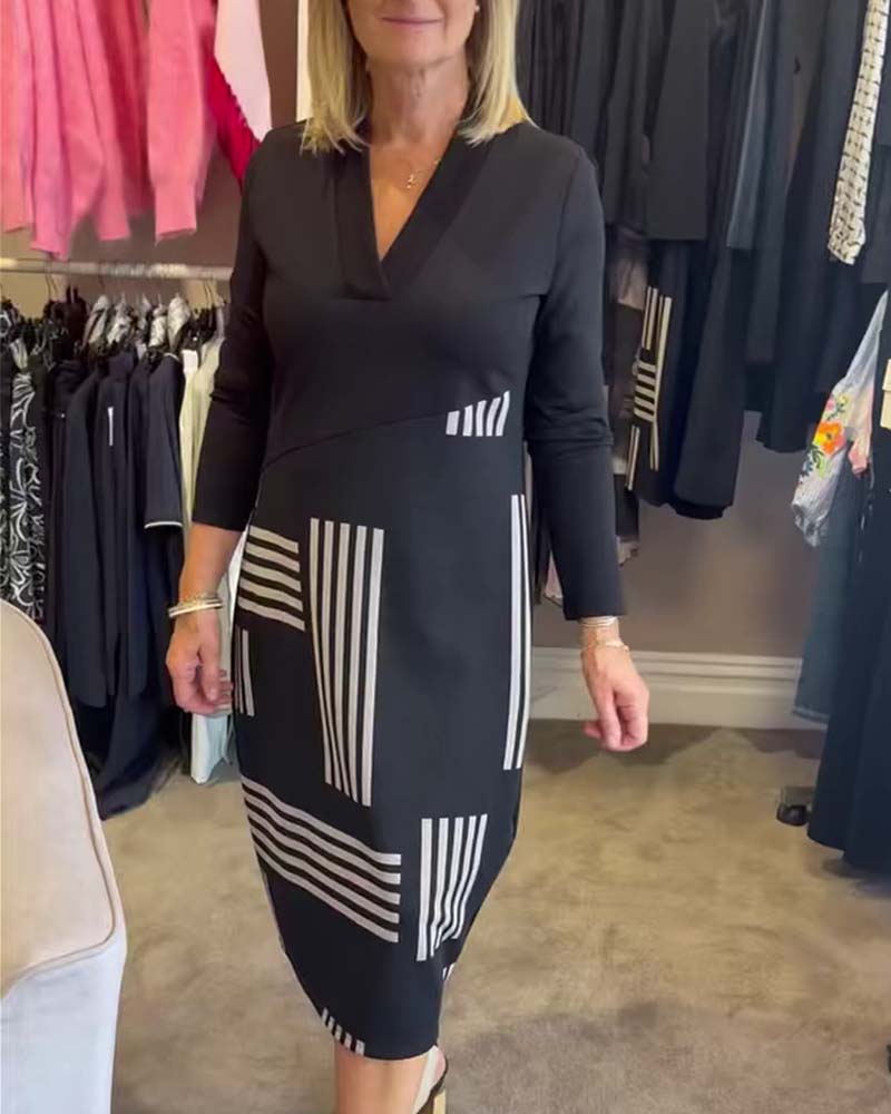 Geometric Stripe V-Neck Bodycon Midi Dress