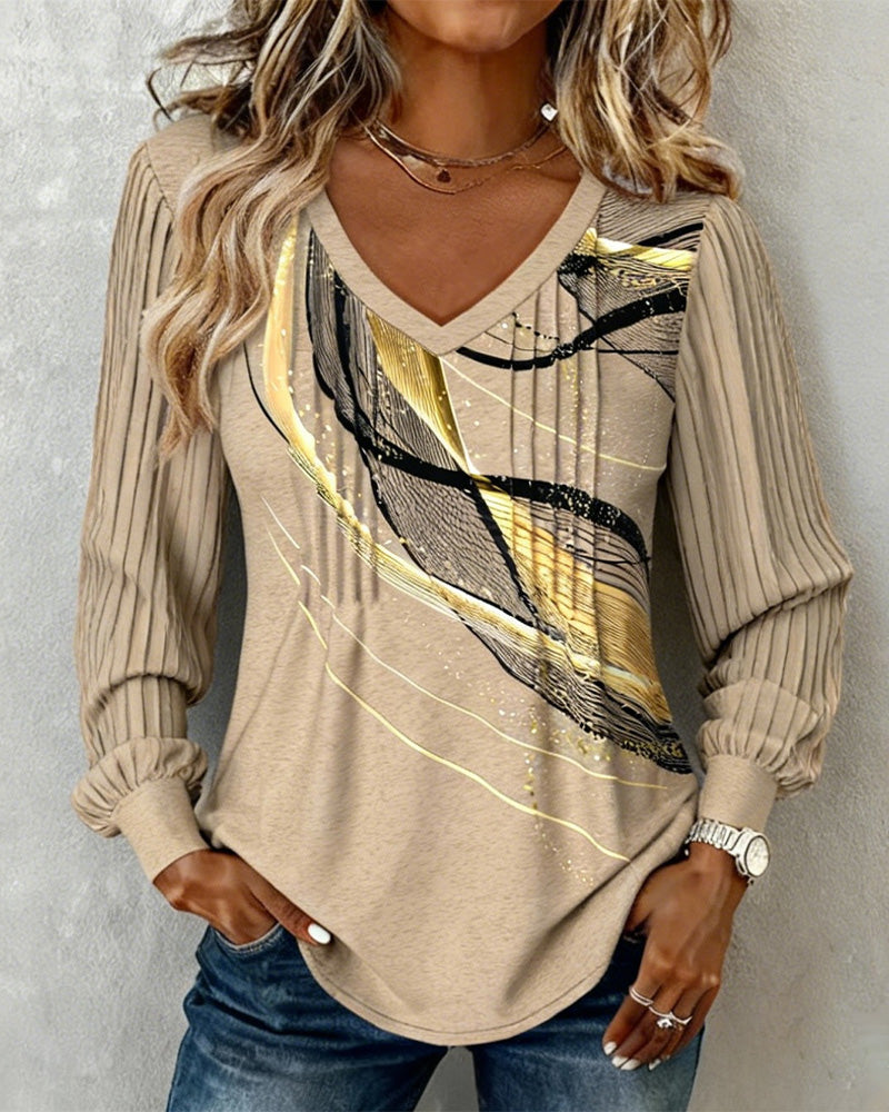 V-Neck Printed Pit Strip Long-Sleeved Top