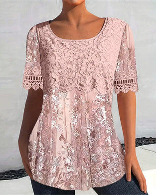 Wide Collar Short Sleeve Lace Patchwork T-Shirt