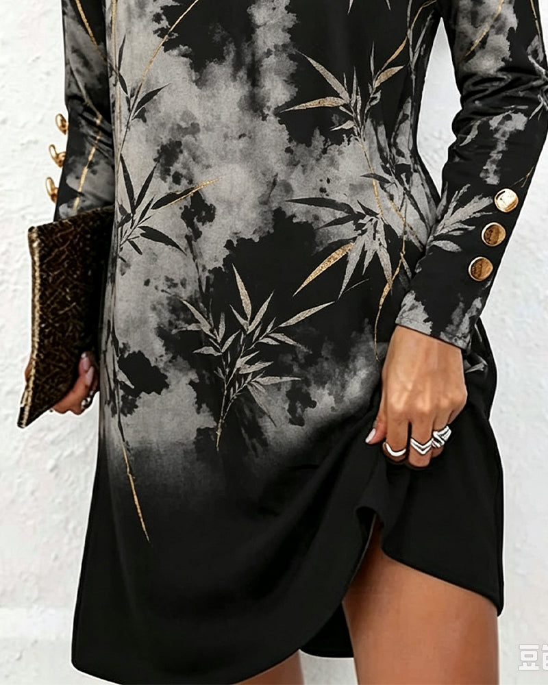 One-Shoulder Ink Bamboo Leaf Print Dress