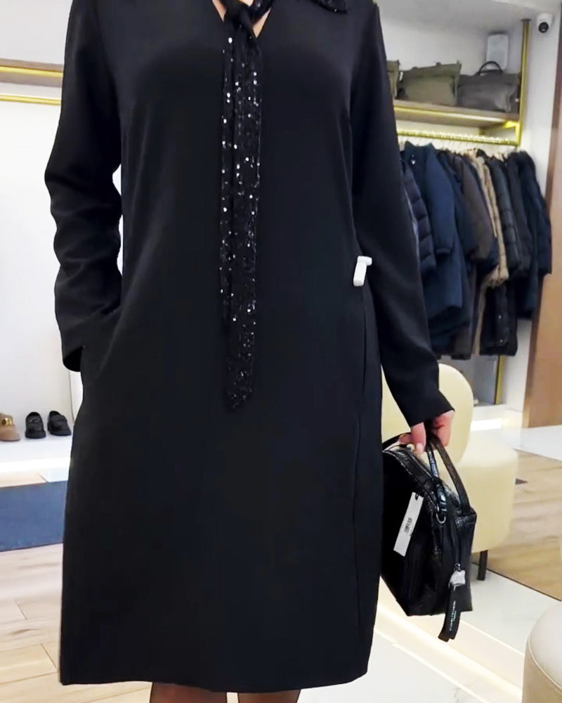 Long-Sleeved Collared Patchwork Dress