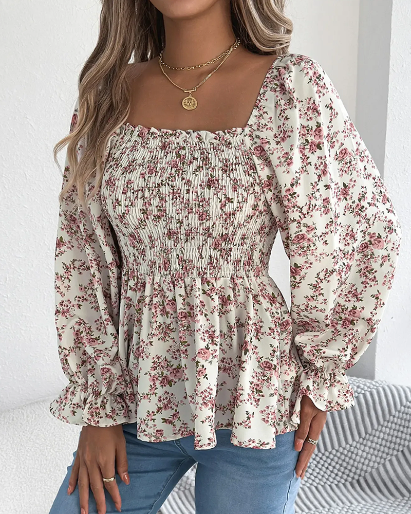 Square Neck Smocked Floral Ruffle Blouse