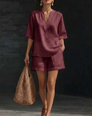Casual Elbow-Length Sleeve Top and Shorts Set