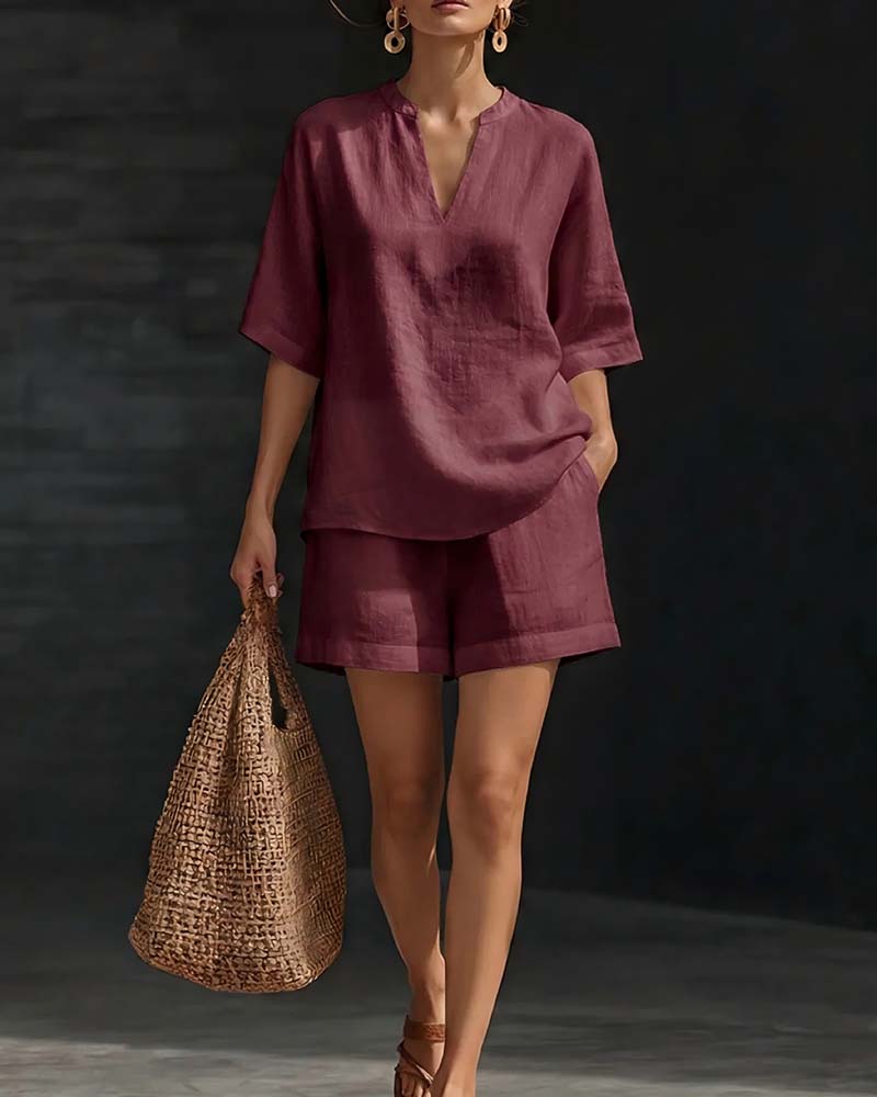 Casual Elbow-Length Sleeve Top and Shorts Set
