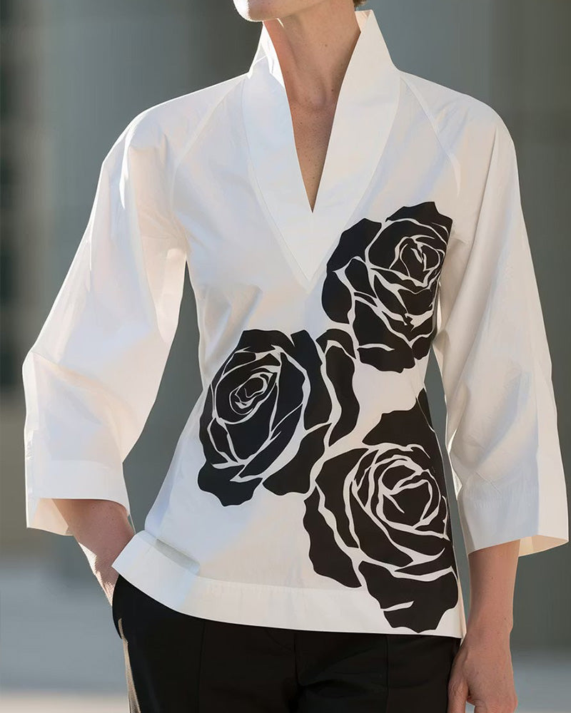 V-Neck Floral Print Blouse