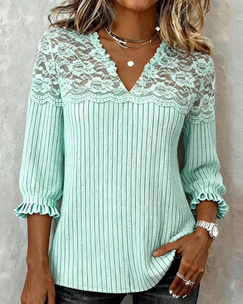 Solid Color V-Neck Patchwork Blouse