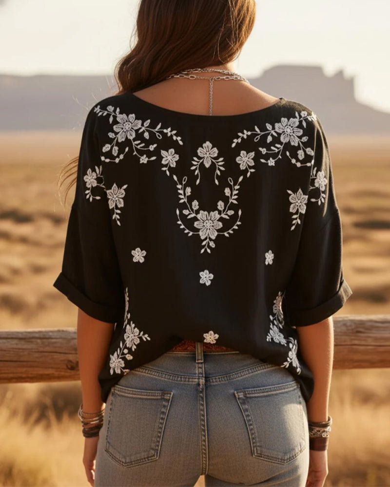Crew Neck Drop Shoulder Loose Floral Blouse