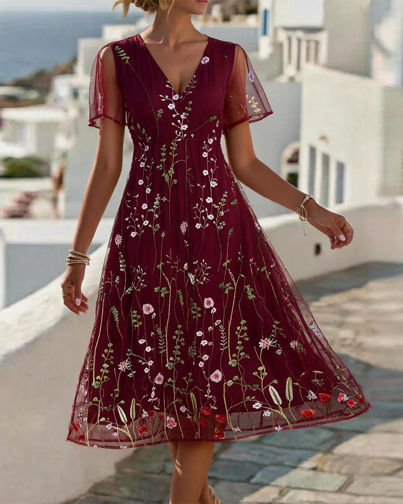 Sheer Floral Full Skirt Dress