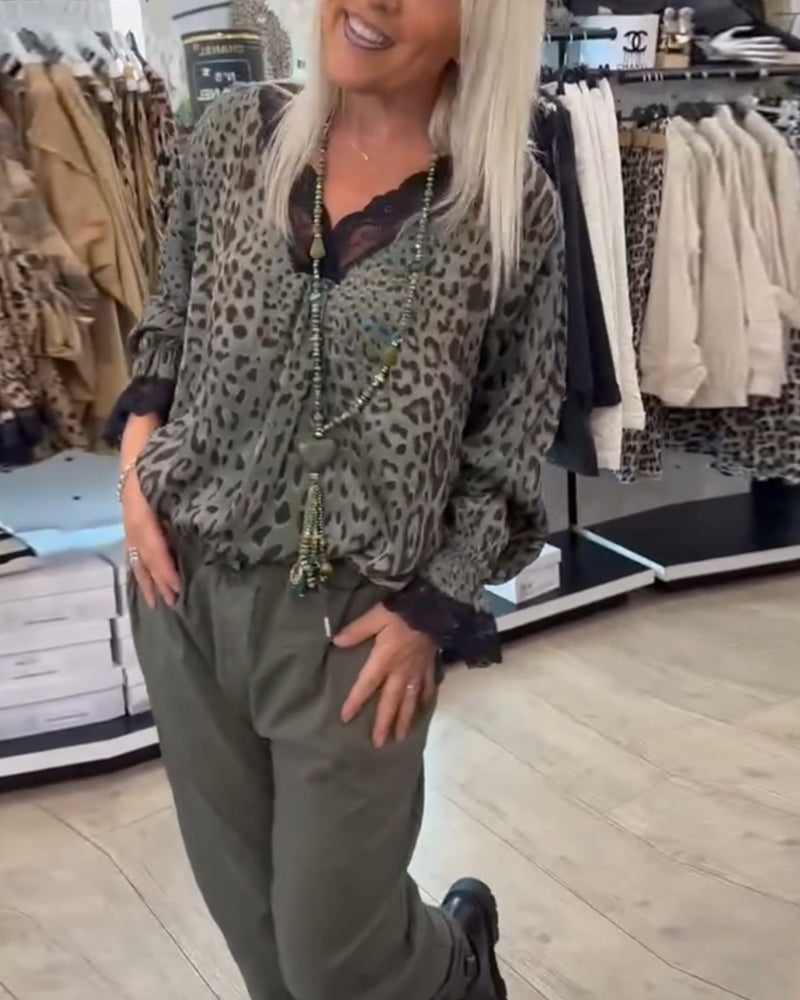 Fashion leopard print V-neck lace patchwork blouse