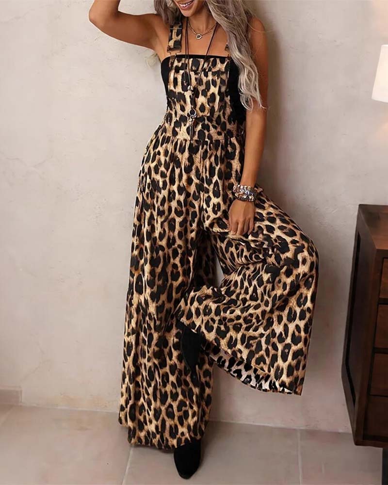 Leopard Print High-Waist Wide-Leg Strap Jumpsuit