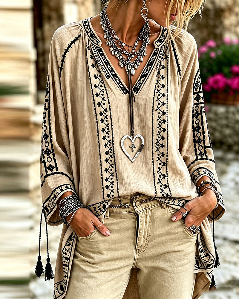 V-Neck Ethnic Mid-Length Sleeve Relaxed Blouse