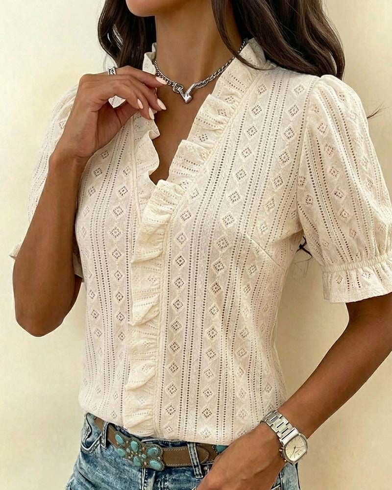 V-Neck Three-Quarter Sleeve Lace T-Shirt