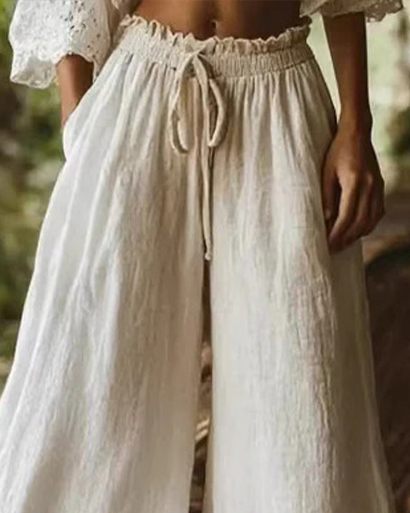 Elastic Waist Drawstring Lace Patchwork Wide Leg Pants