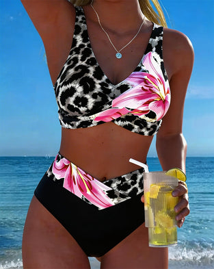 Leopard Print Floral Contrast Color Bikini