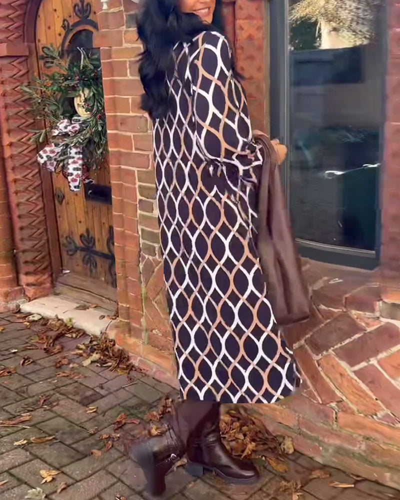 Retro geometric print V-neck casual dress
