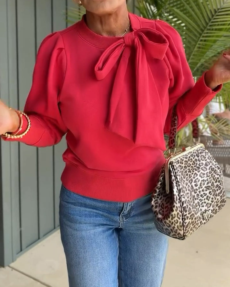 Bow Tie Puff Sleeve Sweatshirt