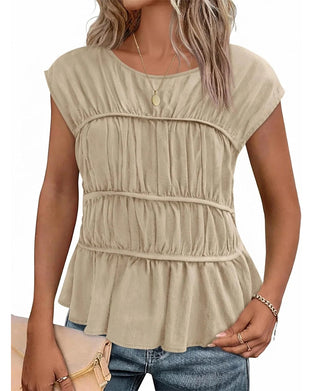 Crew Neck Smocked Waist Blouse