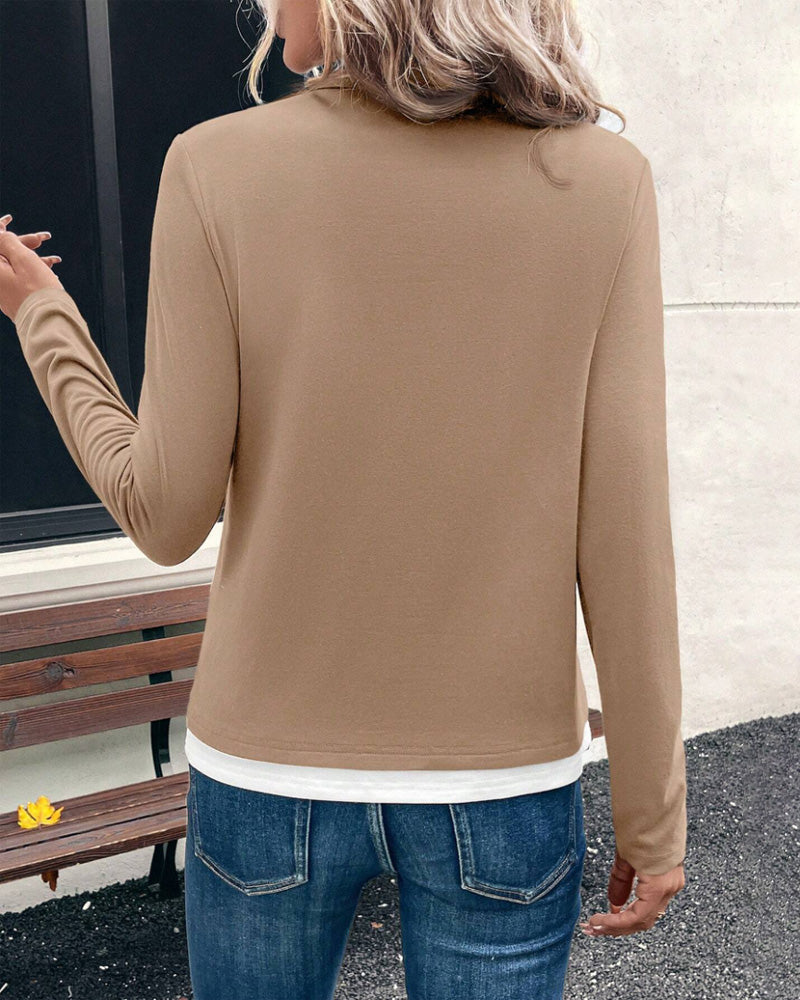 Long-Sleeved Fake Two-Piece Solid Color Top