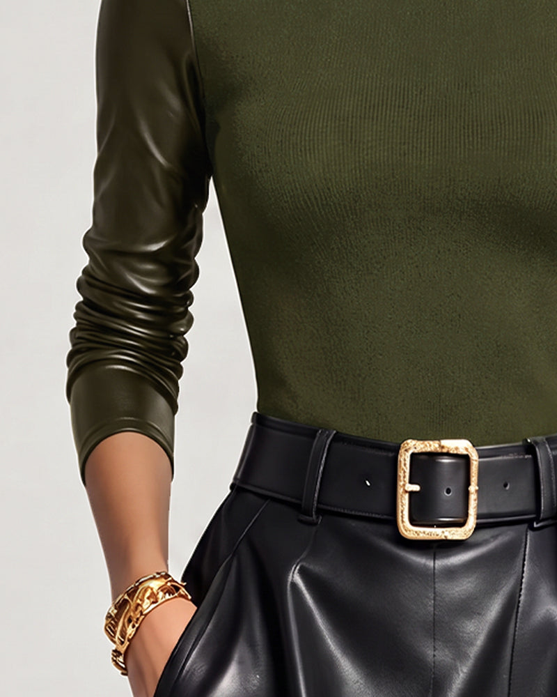 Turtleneck Patchwork Solid Top