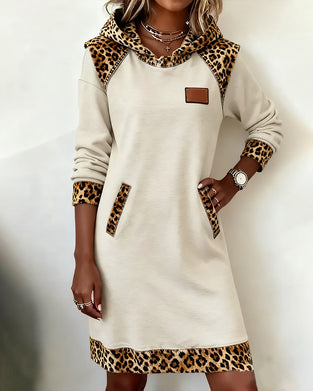 Casual Hooded Leopard-Panel Dress