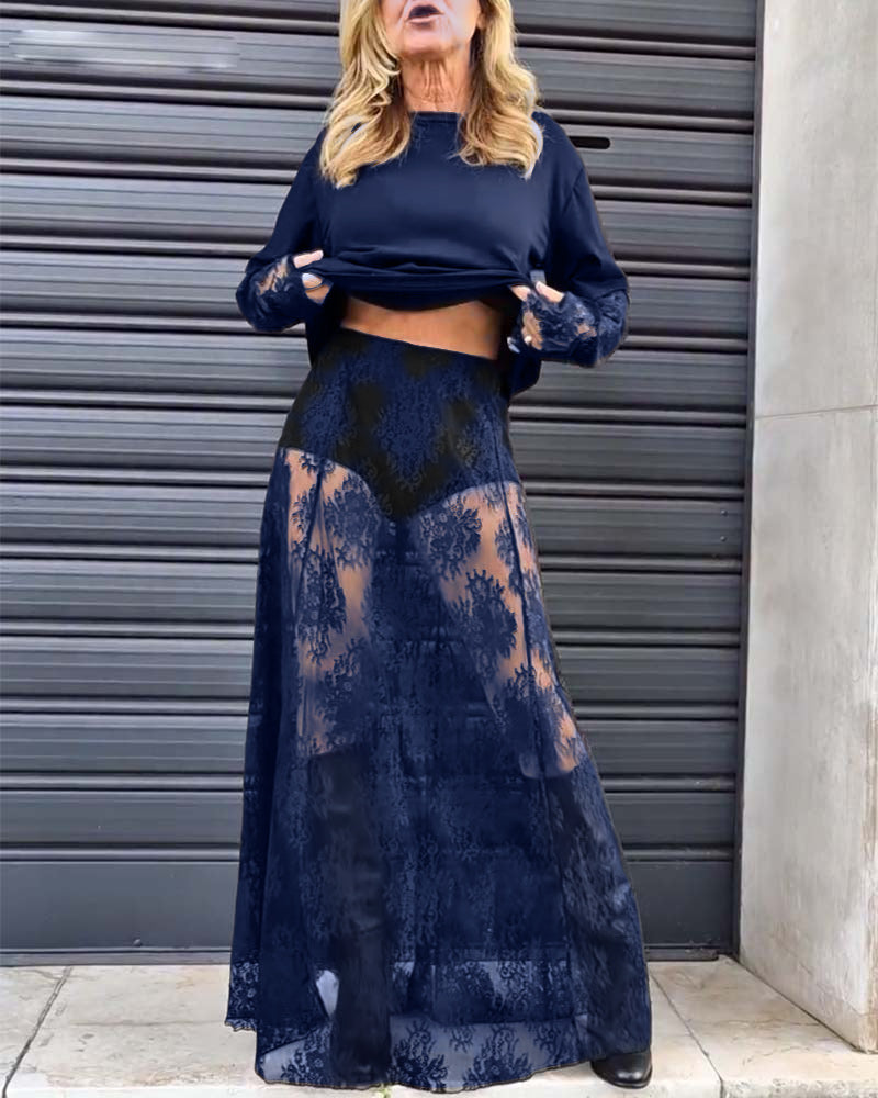 Two-piece set - solid color T-shirt and lace skirt