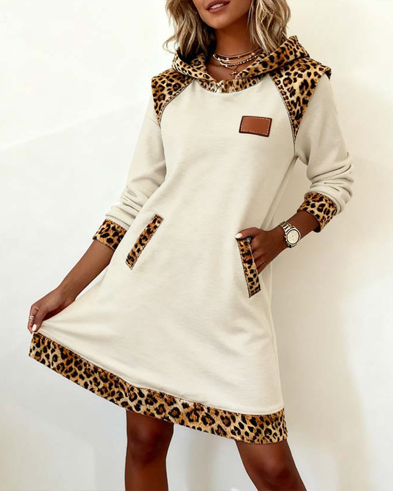 Casual Hooded Leopard-Panel Dress