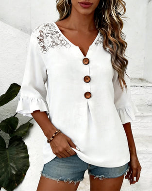 Ruffle V-Neck Lace Patchwork Blouse