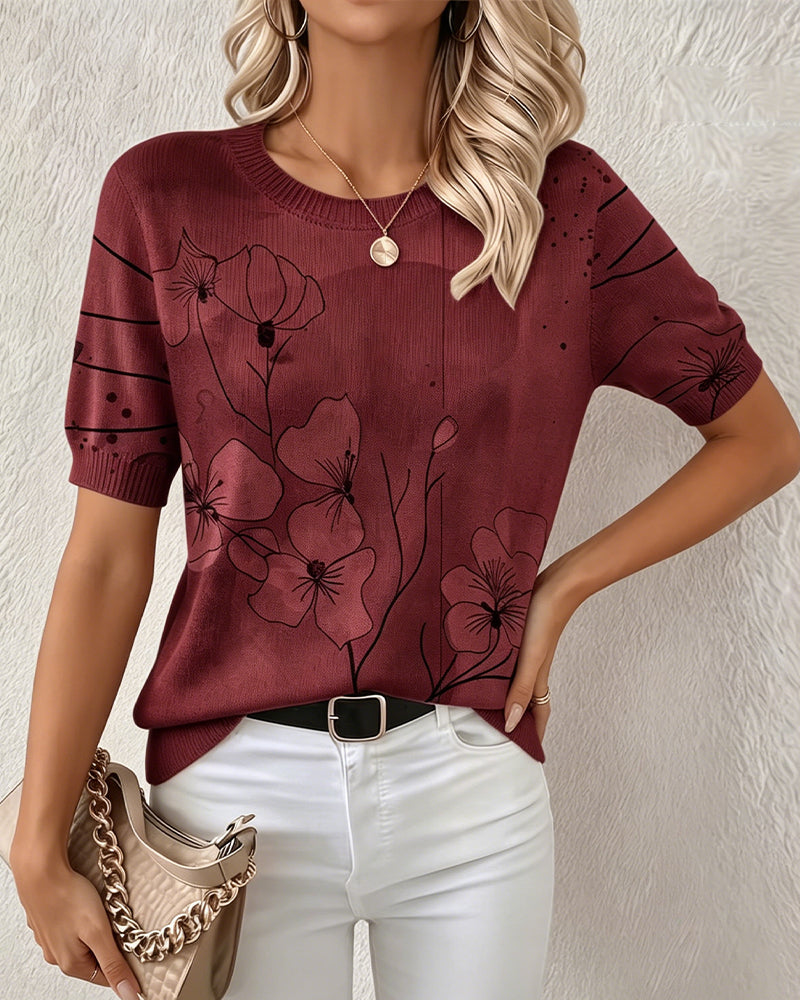 Printed Short-Sleeve Knitted Pullover