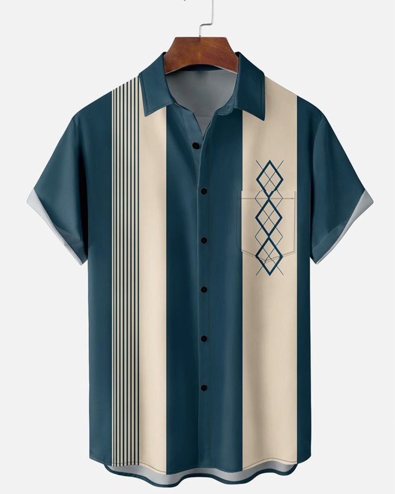 Lapel Color Block Stripe Diamond Shirt
