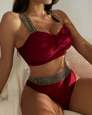 Solid Color Patchwork Suspender Bikini