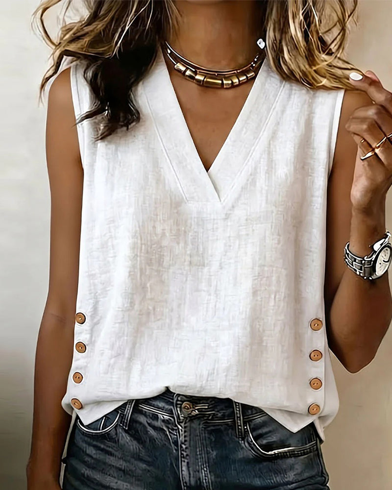 V-Neck Sleeveless Double-Side Snap Tank Top