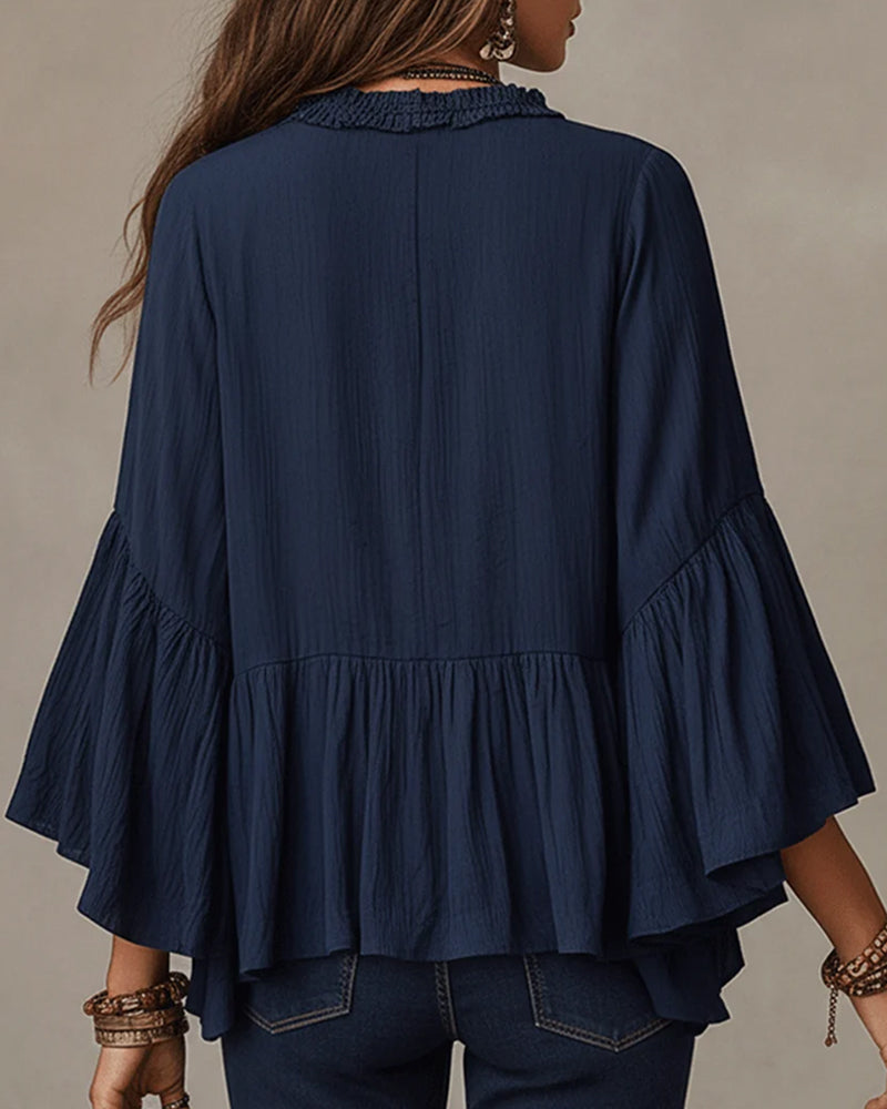 V-Neck Scallop Ruffle Trim Blouse