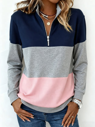 Long-Sleeved Half-Zip Color-Blocked Sweatshirt