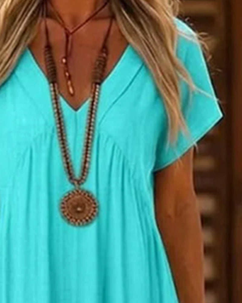 V-Neck High Waist Full Skirt Solid Dress