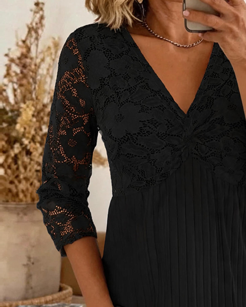 Relaxed V-Neck Lace Panel Blouse